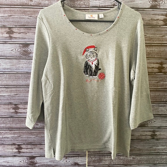 Quacker Factory Tops - Quacker Factory Women's Top Size L Gray Christmas Cat Embellished Embroidered